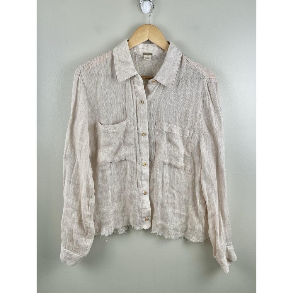 Magaschoni Button Front Lightweight 100% Linen Shirt Beige Coverup Sz Lg